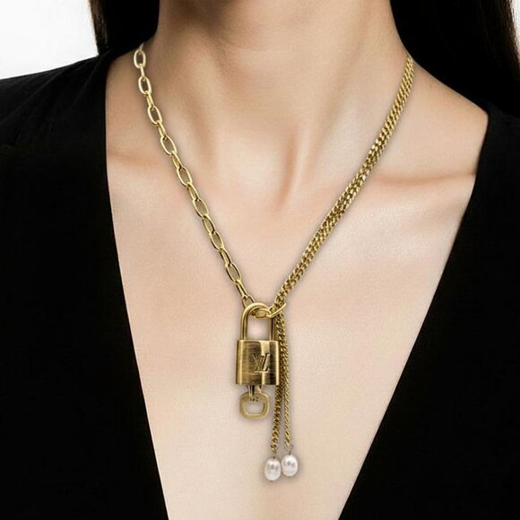 Stainless Steel Gold-Plated Necklace with Authentic Louis Vuitton Padlock